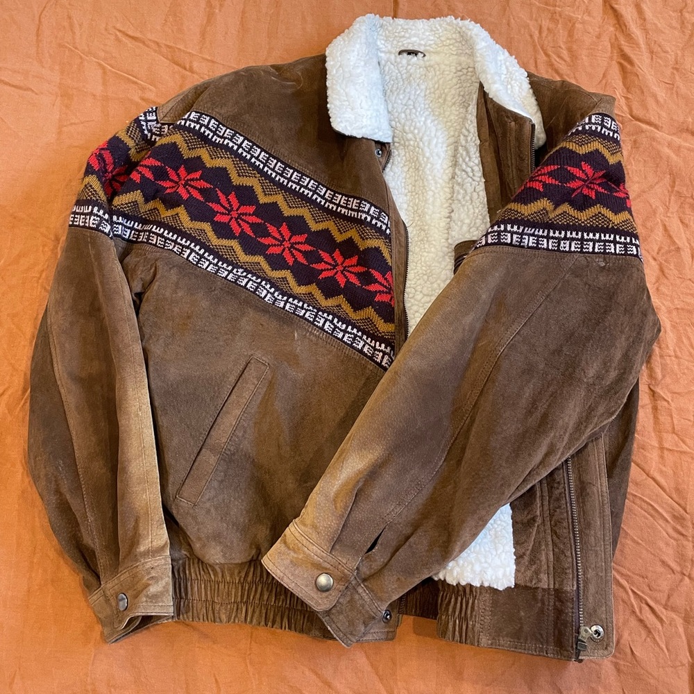 Vintage Aztec leather suede coat with Sherpa lining